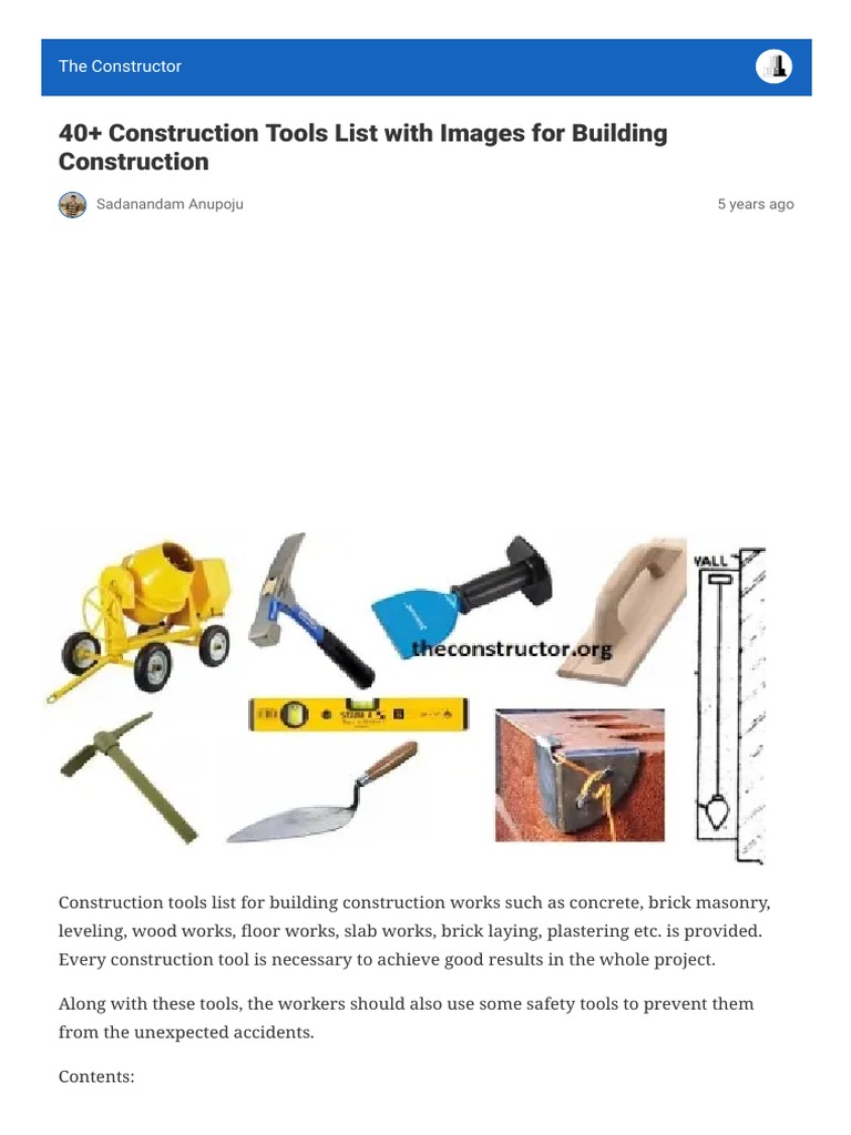 40+ Construction Tools List With Images For Building Construction PDF