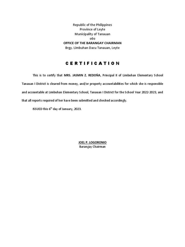 Certification Office of The Barangay Chairman PDF