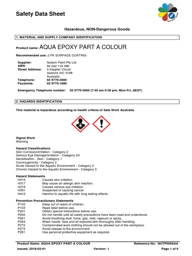 SDS for Aqua Epoxy Part A Colour PDF Toxicity Dangerous Goods