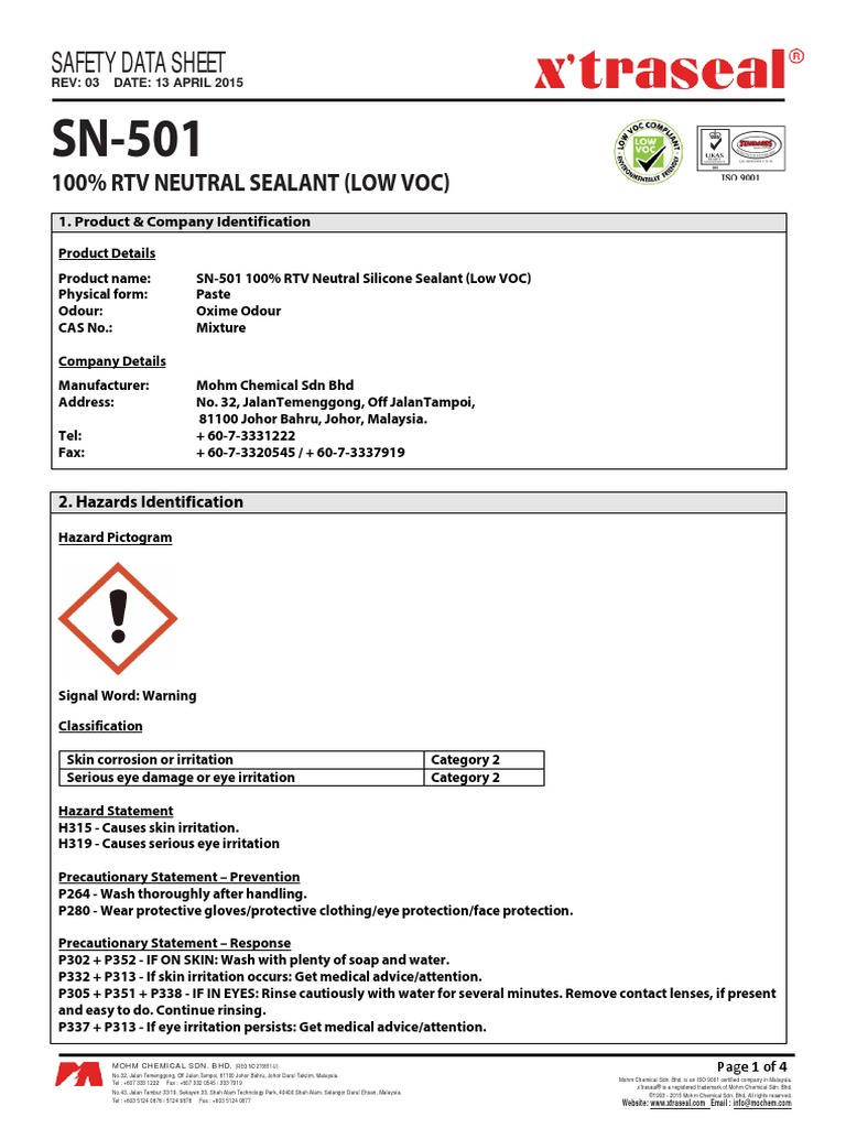 8050750296SDS SN501 100 RTV Neutral Silicone Sealant (Low VOC) PDF