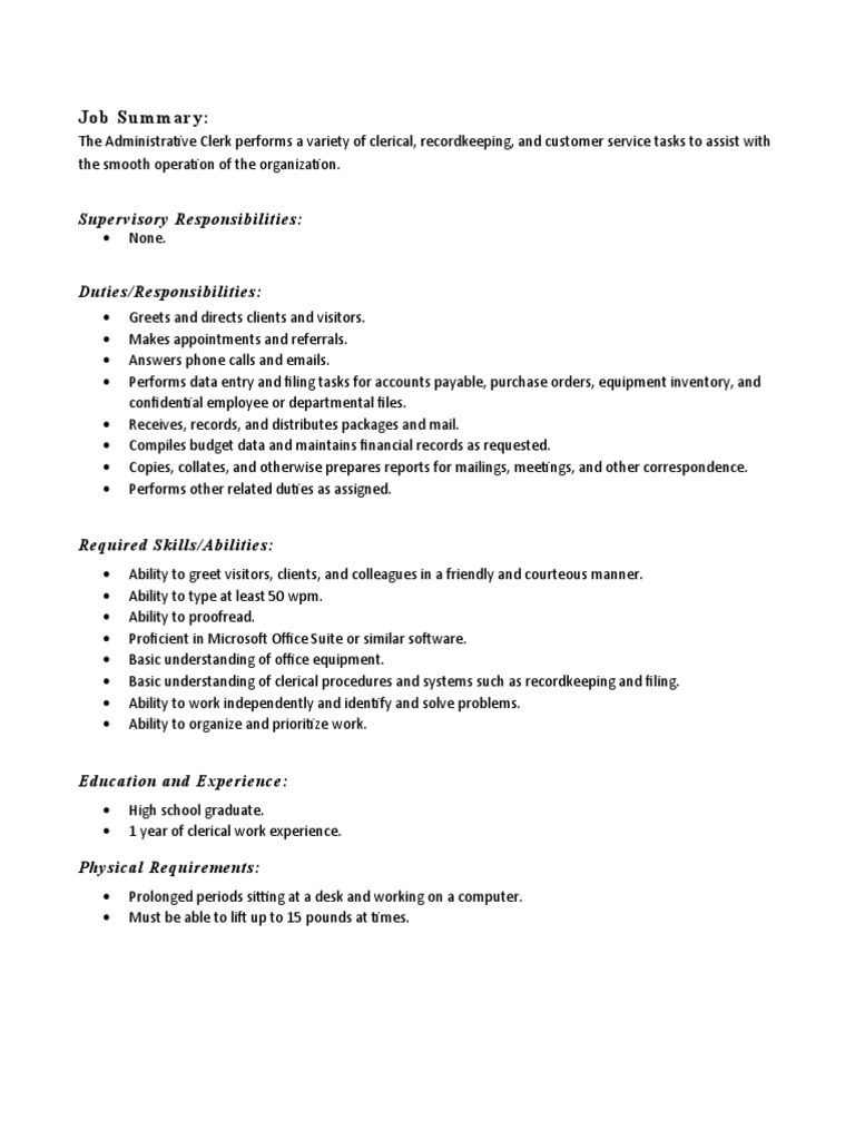 Administrative Clerk Job Description | PDF