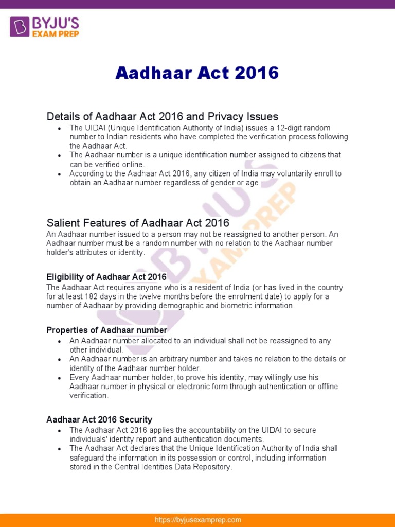 Overview of Aadhaar Act 2016 | PDF | Identity Document | Authentication