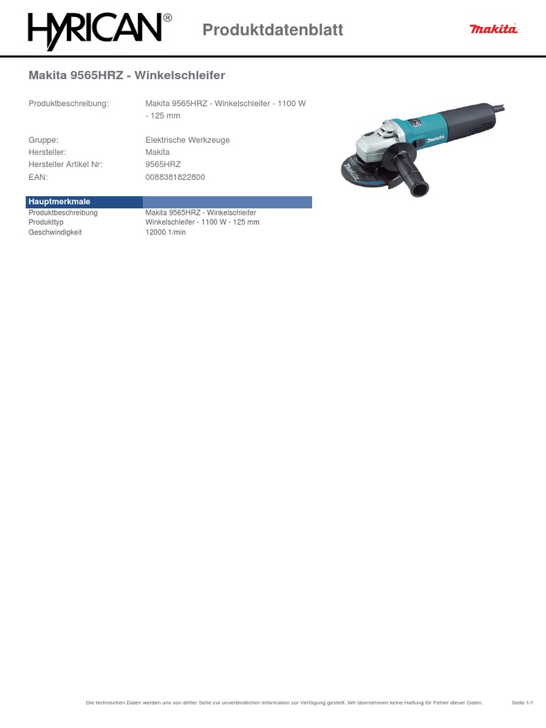 Datasheet 2134316 Makita Makita 9565hrz Angle Grinder 125 MM 1100 W PDF
