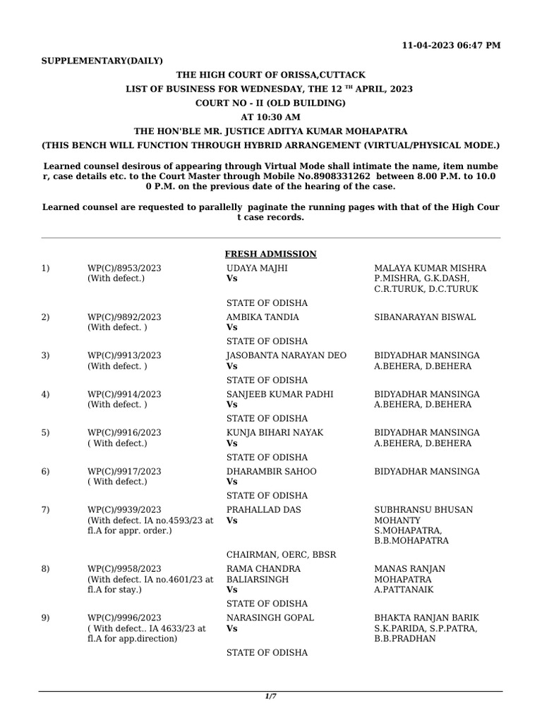 Schedule of Hearings for the High Court of Orissa Fresh Admissions, Writ Petitions, and Interim