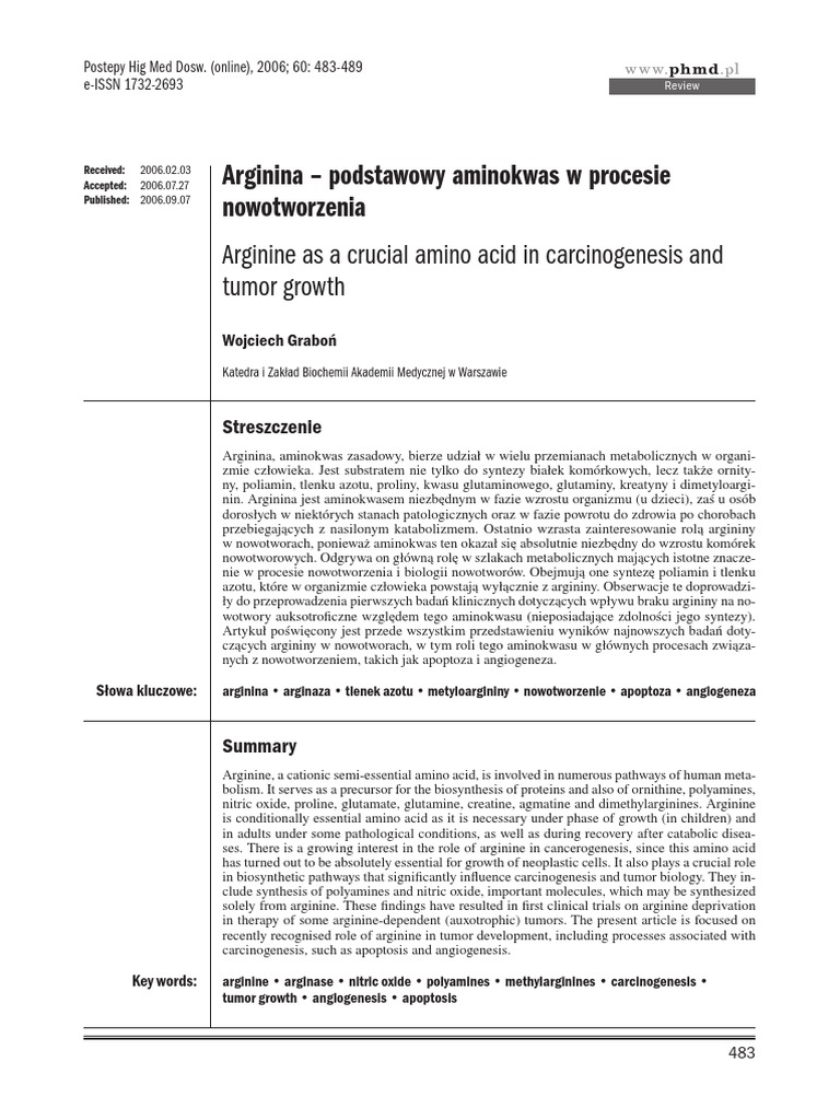 Arginina - Podstawowy Aminokwas W Procesie Nowotworzenia | PDF