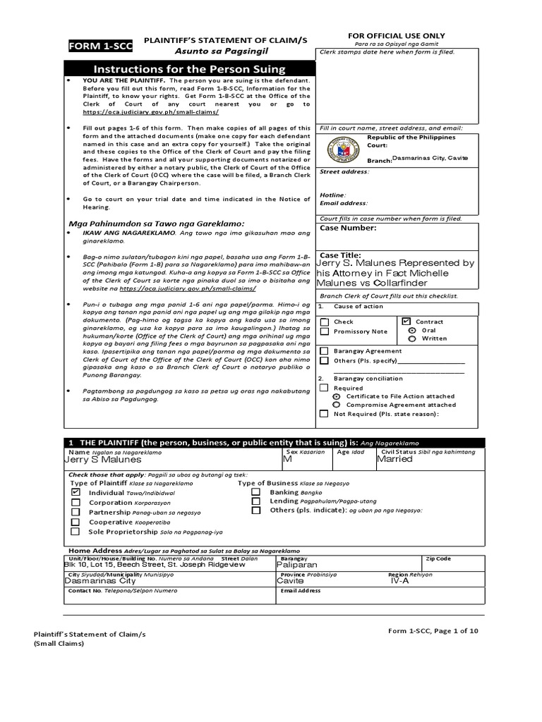 Instructions For The Person Suing Form 1 SCC PDF
