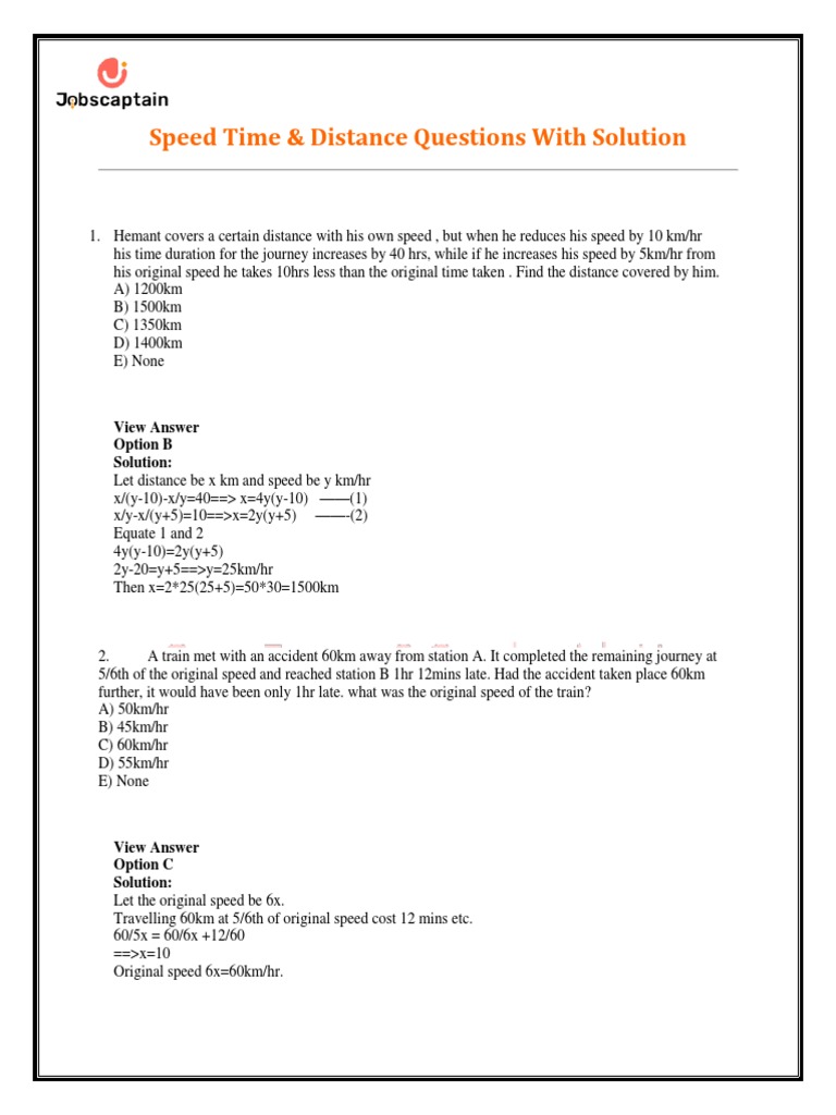 4 1000+ Speed Time and Distance Question PDF (Questions & Solution ...