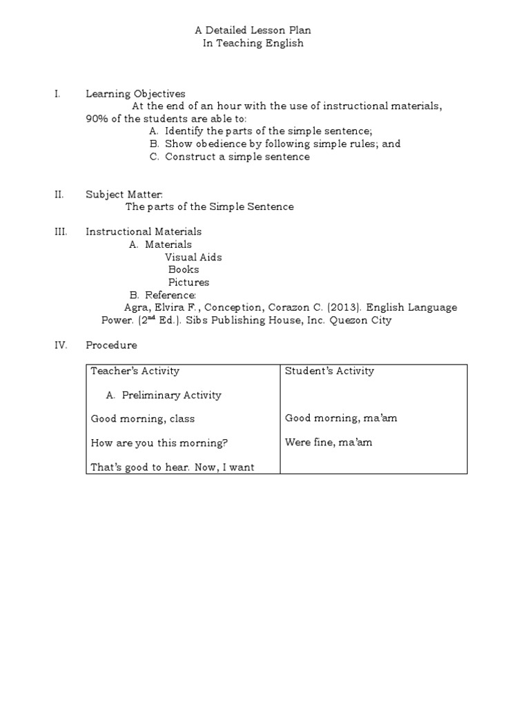 Lesson Plan for Teaching Simple Sentences | PDF | Career & Growth