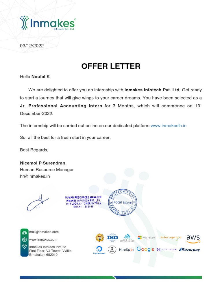 Internship Offer at Inmakes Infotech | PDF