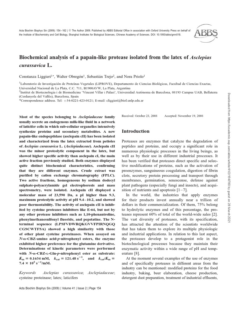 Biochemical Analysis of a PapainLike Protease Isolated from the Latex