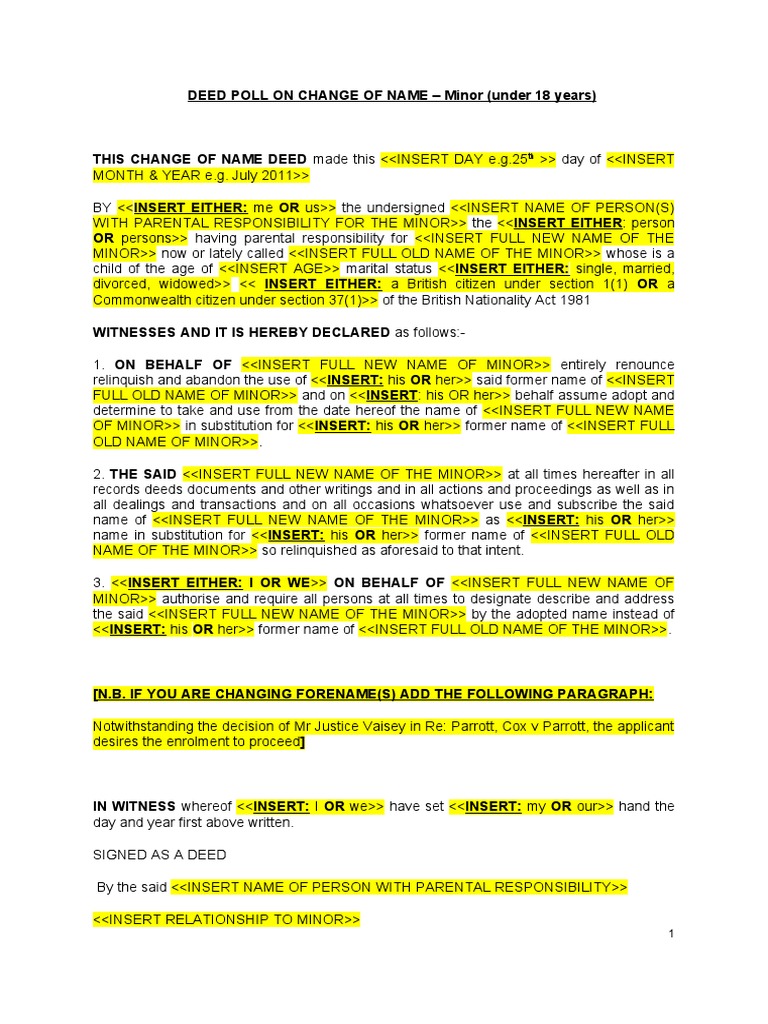 Change of Name by Deed Poll Minor PDF Government Justice