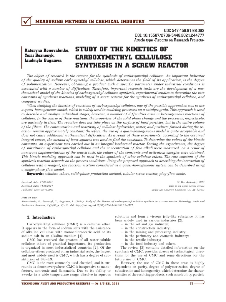 Study of The Kinetics of Carboxymethylcellulose Synthesis in A Screw ...