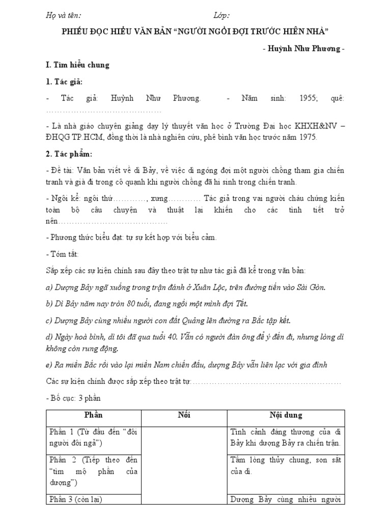 Phiếu Đọc Hiểu Văn Bản "Người Ngồi Đợi Trước Hiên Nhà" - Huỳnh Như ...