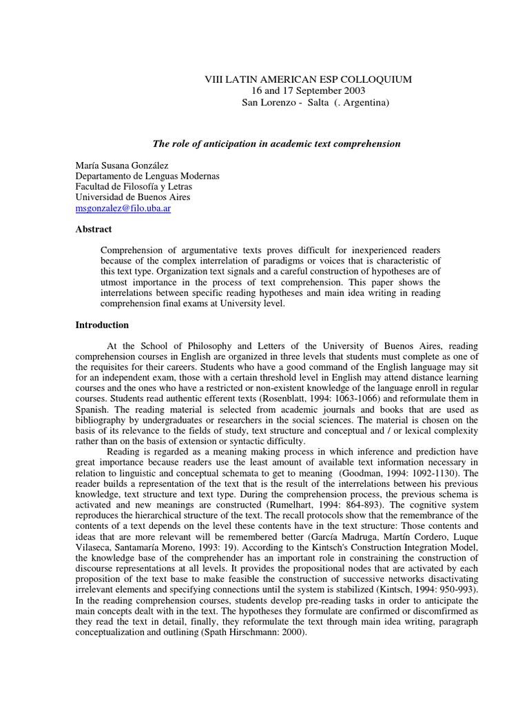 The role of anticipation in academic text comprehension pdf