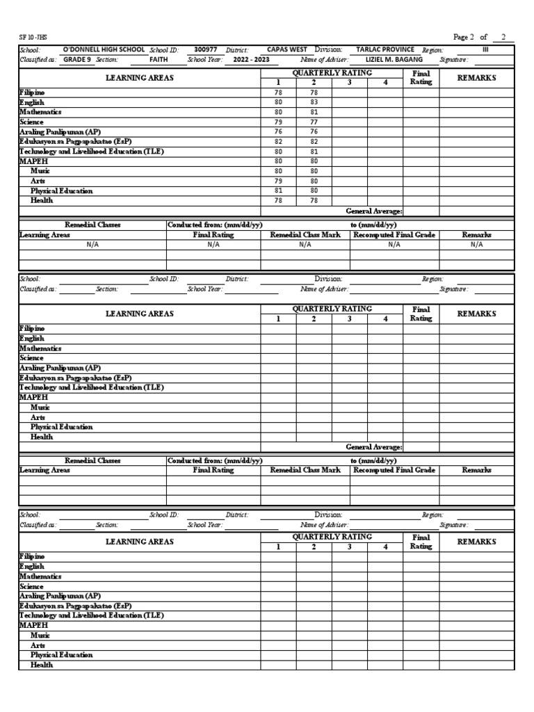 Grade 9 SF 10 Report Card 2022-2023 | PDF | Physical Education | Science
