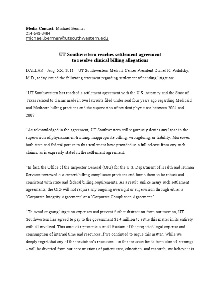 UTSW Written Response To Settlement PDF Settlement (Litigation