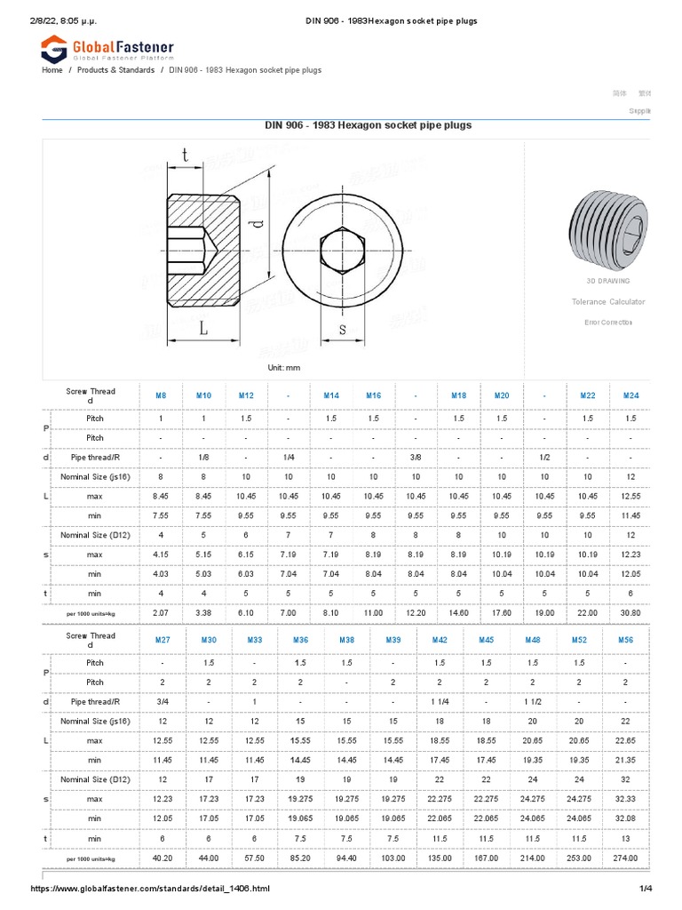 Din 906 1983hexagon socket pipe plugs pdf screw steel