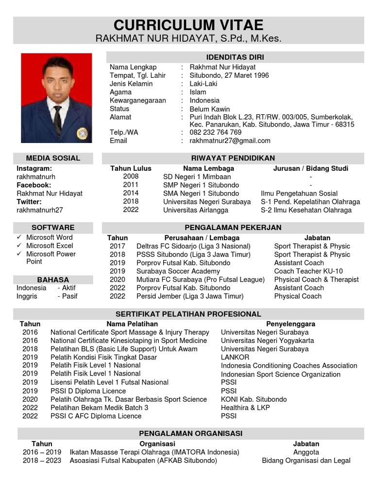 CV Rakhmat Nur Hidayat, Pelatih Olahraga | PDF