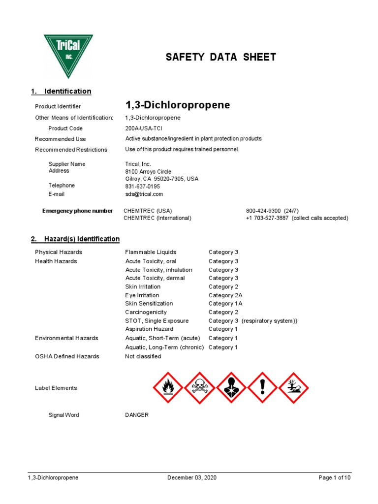 Safety Data Sheet for 1,3Dichloropropene A Highly Toxic and Flammable