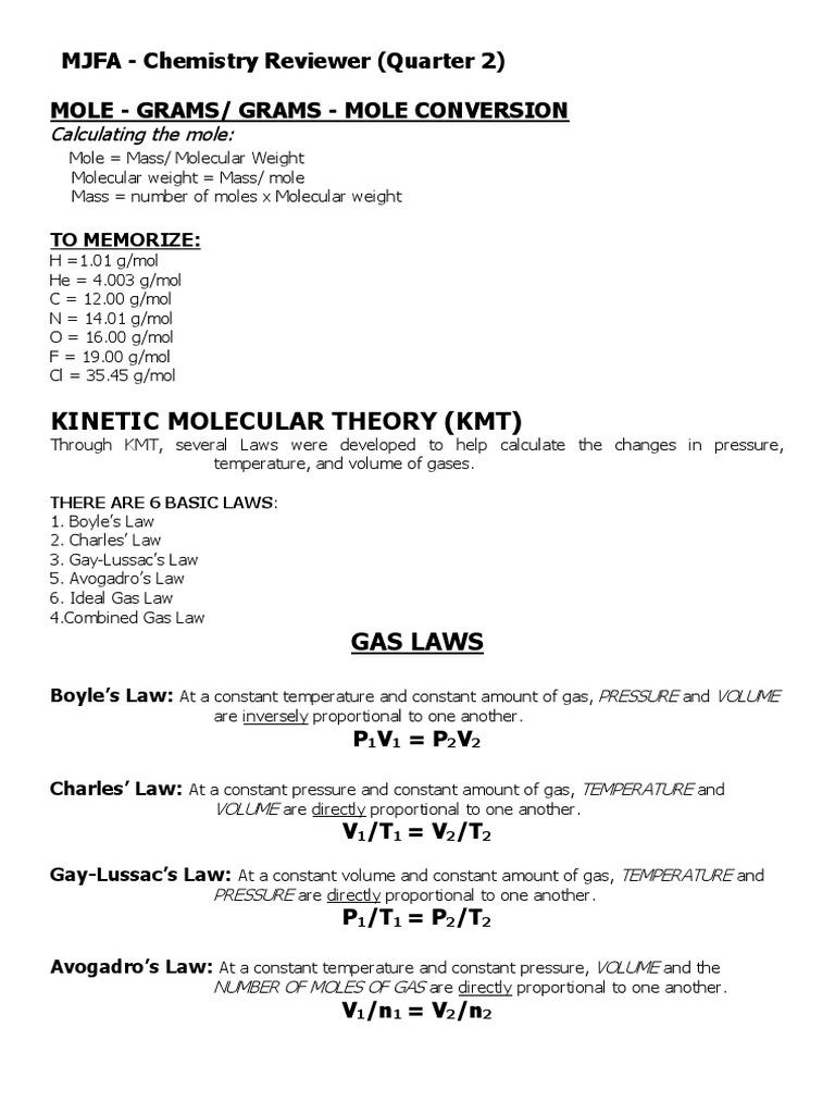 Mjfa - Chemistry Reviewer (Q2 Exams) | PDF | Gases | Mole (Unit)