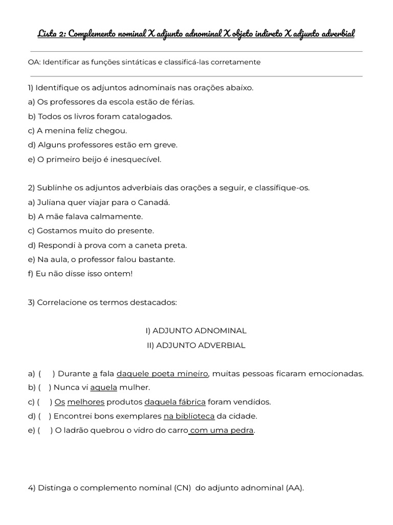 Lista 2 - Complemento Nominal X Adjunto Adnominal X Objeto Indireto X ...