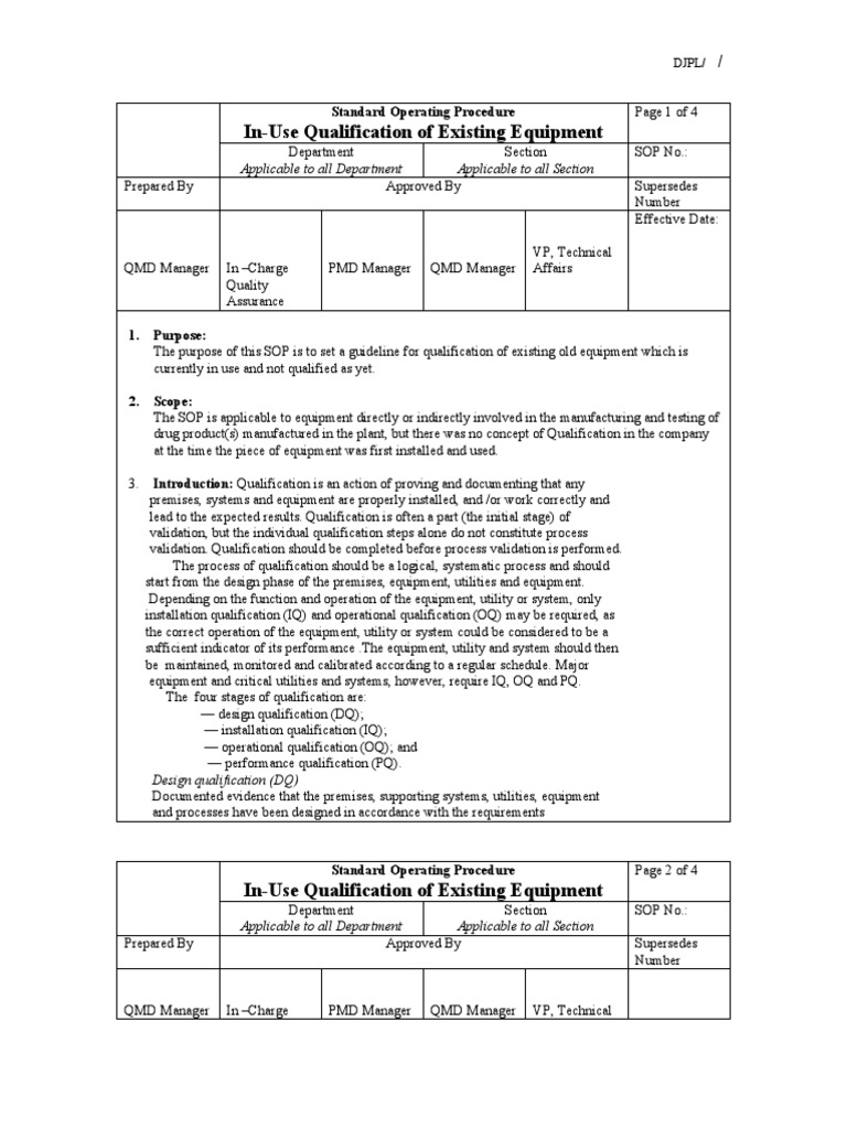 In-Use Equipment Qualification SOP | PDF | Verification And Validation ...