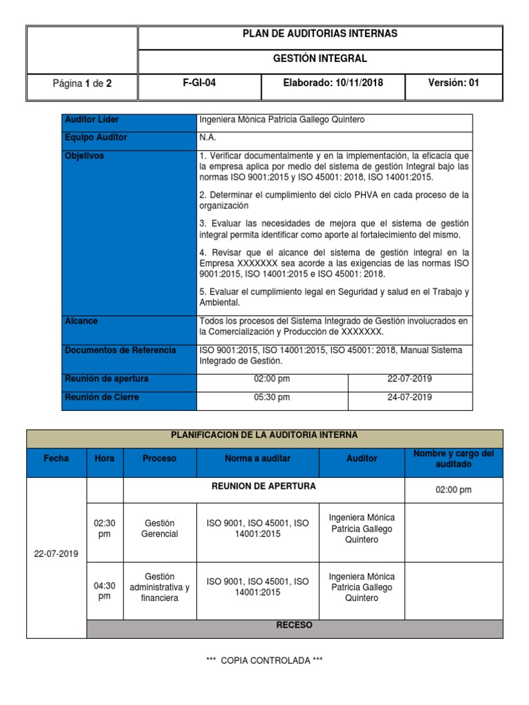 Plan de Auditorías Internas ISO 9001, 14001, 45001 | PDF | Auditoría ...