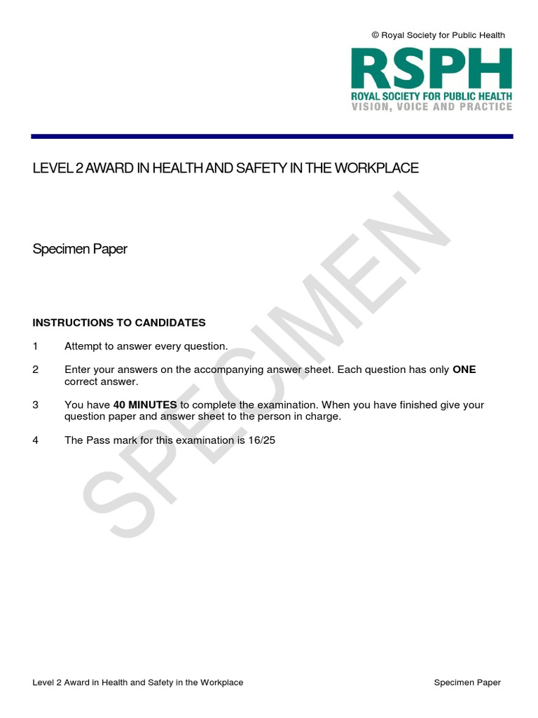 Level 2 Award in Health and Safety in The Workplace Instructions To