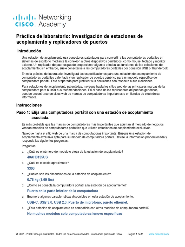 7.1.2.8 Lab Research Docking Stations and Port Replicators PDF USB Ordenador portátil