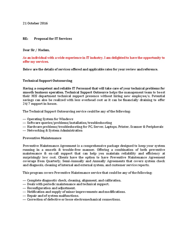 Proposal For IT Services PDF Technical Support Outsourcing