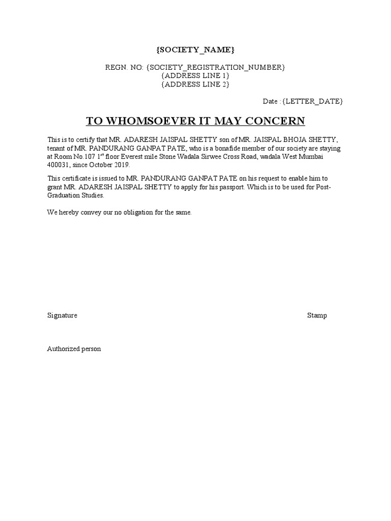 To Whomsoever It May Concern: (Society - Name) | PDF
