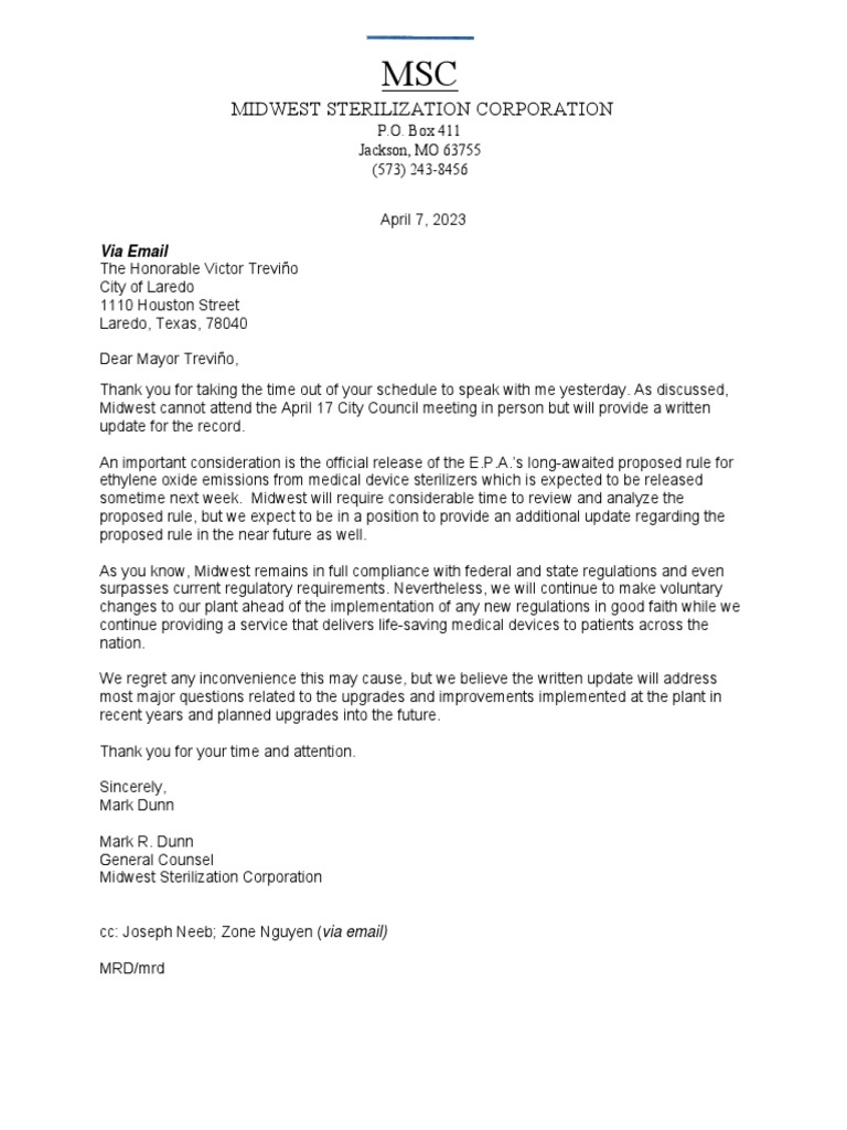 Midwest Sterilization Sends Statement To Laredo Mayor PDF