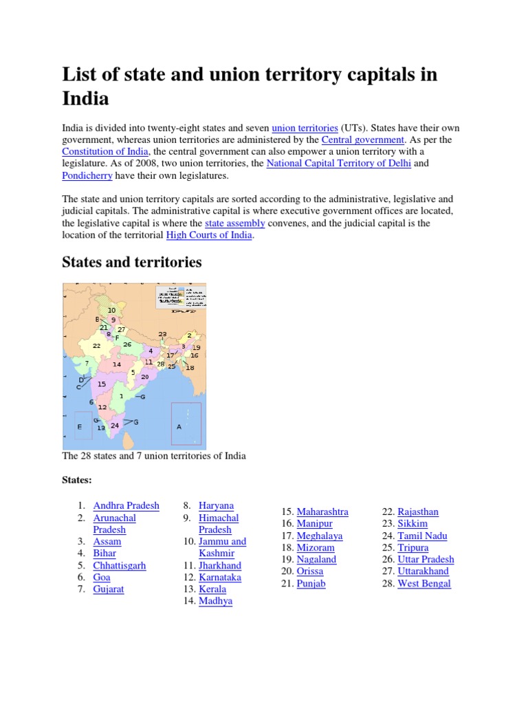 List of State and Union Territory Capitals in India | PDF