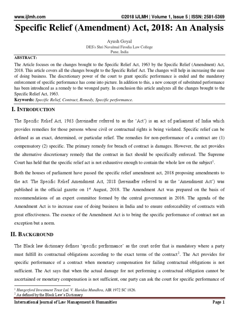 Specific Relief Amendment Act 2018 An Analysis PDF Specific Performance Legal Remedy