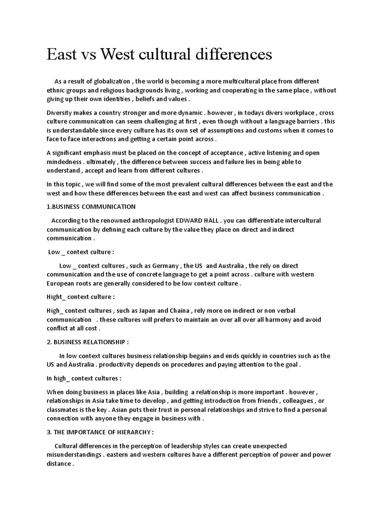 East Vs West Cultural Differences PDF Communication Human