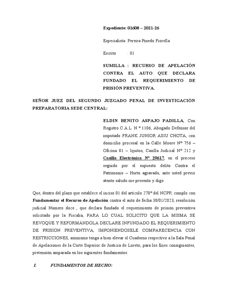Apelacion de PP Frank Junior Asiu Chota | PDF | Derecho penal | Ley ...