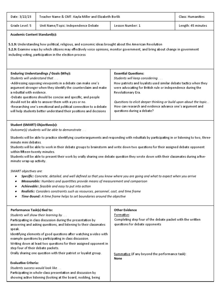Zionsville Lesson Plan 1 PDF Reading Comprehension Classroom