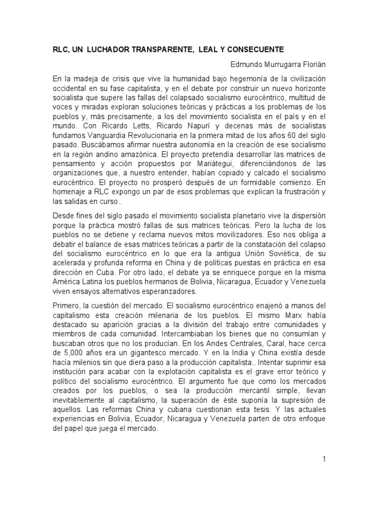 Ricardo Letts Colmenares (4pgs) Homenaje PDF Capitalismo Socialismo