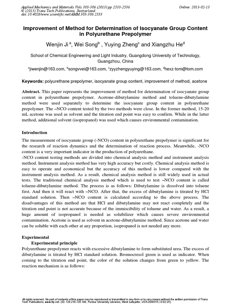 Improvement of Method For Determination of Isocyanate Group Content ...