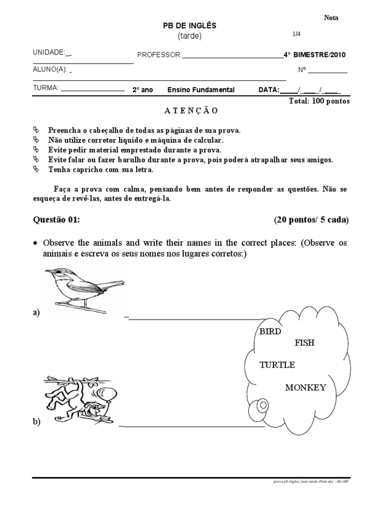 Prova de Inglês 2º Ano - 4º Bimestre | PDF