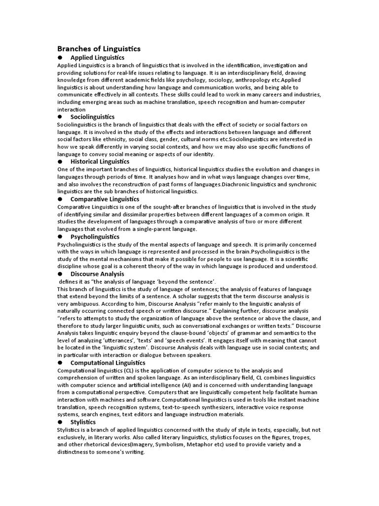 Branches of Linguistics | PDF | Linguistics | Discourse