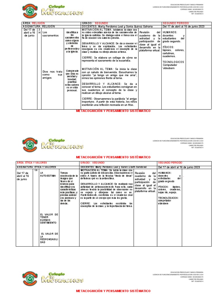 Plan de Clase para Segundo Grado | PDF | Educación de la primera infancia