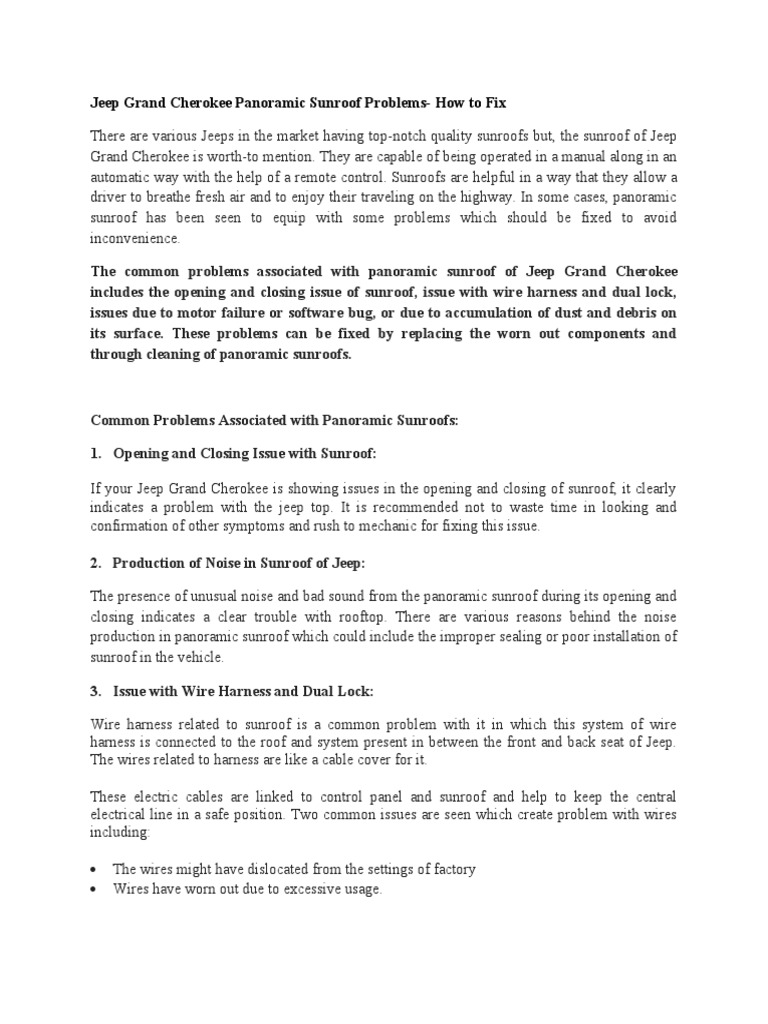 Jeep Grand Cherokee Panoramic Sunroof Problems and Fix PDF Jeep