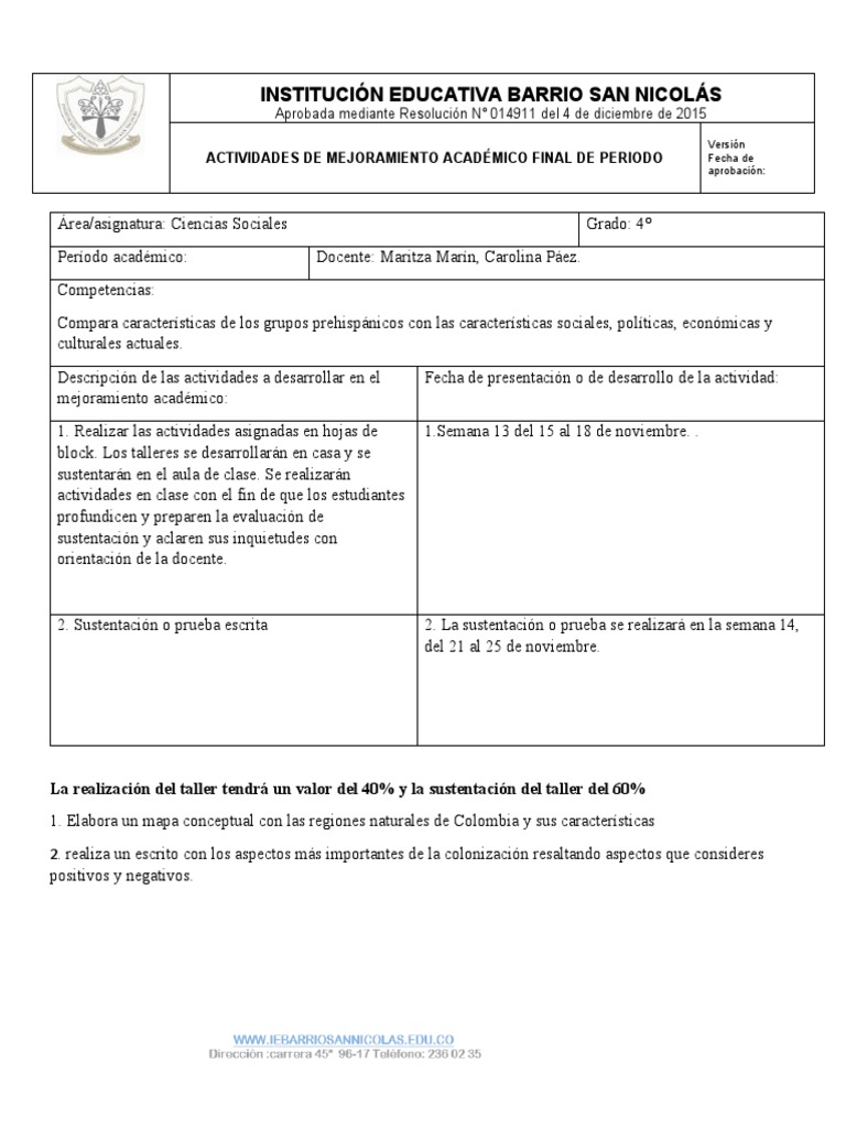 Actividades de Sociales para Cuarto Grado | PDF