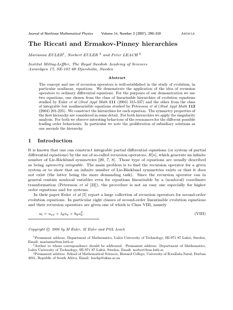 The riccati and ermakov pinney hierarchies pdf differential
