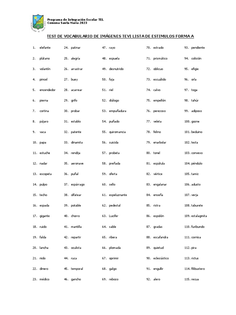 Test TEVI-R: Estímulos de Vocabulario | PDF