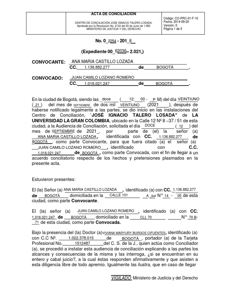 Acta Conciliación Lesiones Peronales, Penal | PDF | Justicia | Crimen y ...