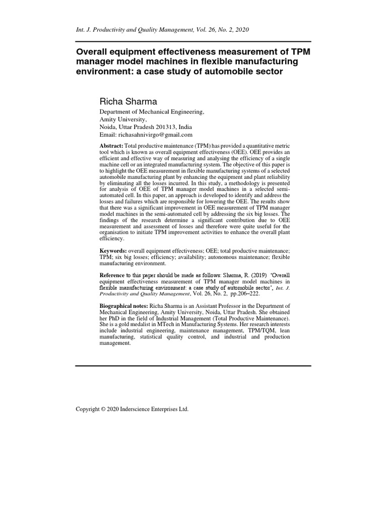 Overall Equipment Effectiveness Measurement of TPM Manager Model