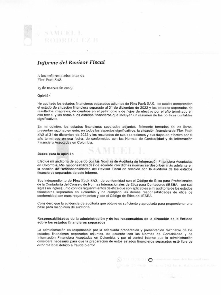 Dictamen Del Revisor Fiscal Pdf