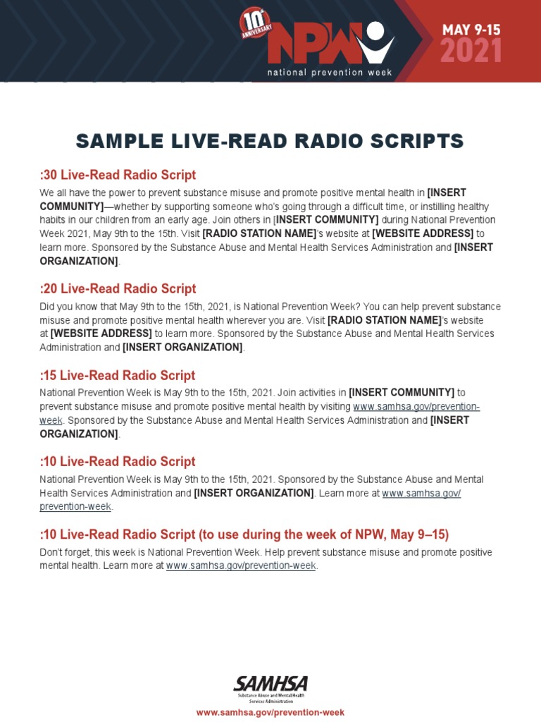National Prevention Week Radio Scripts | PDF | Lifestyle